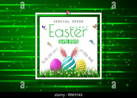 Happy Easter sale banners with realistic Easter rabbir`s ears, vector. Stock Vector